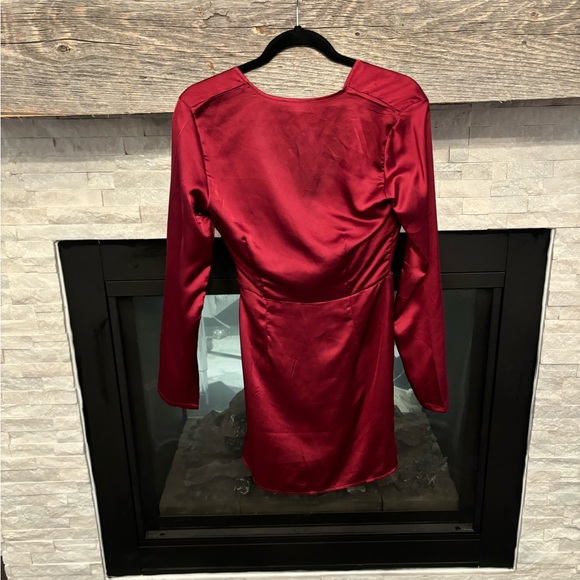 NWOT-Burgundy Satin Long Sleeve Wrap Dress - Picture 3 of 4
